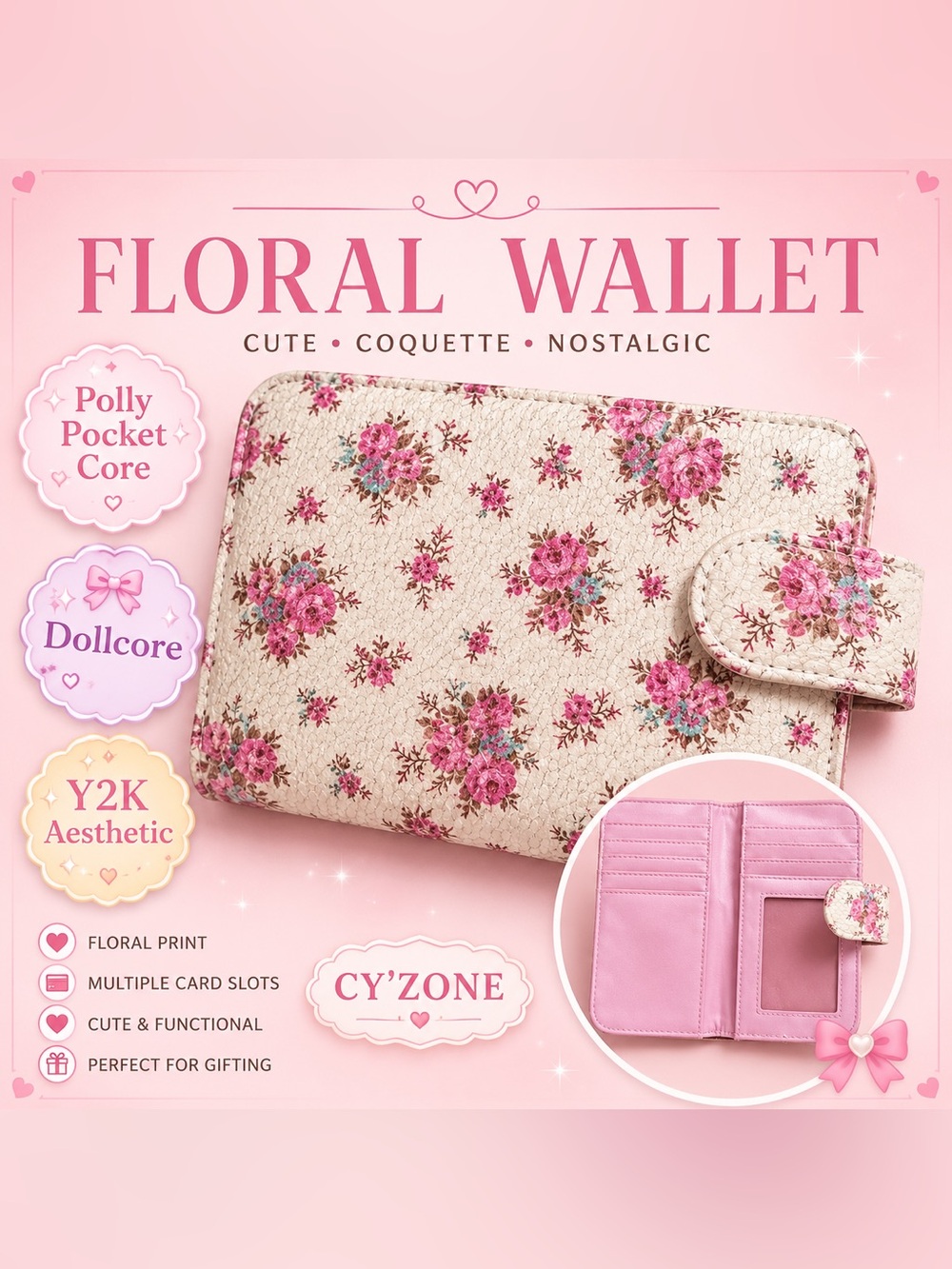 Floral Pink Wallet Coquette PollyPocketCore Y2K Card Organizer